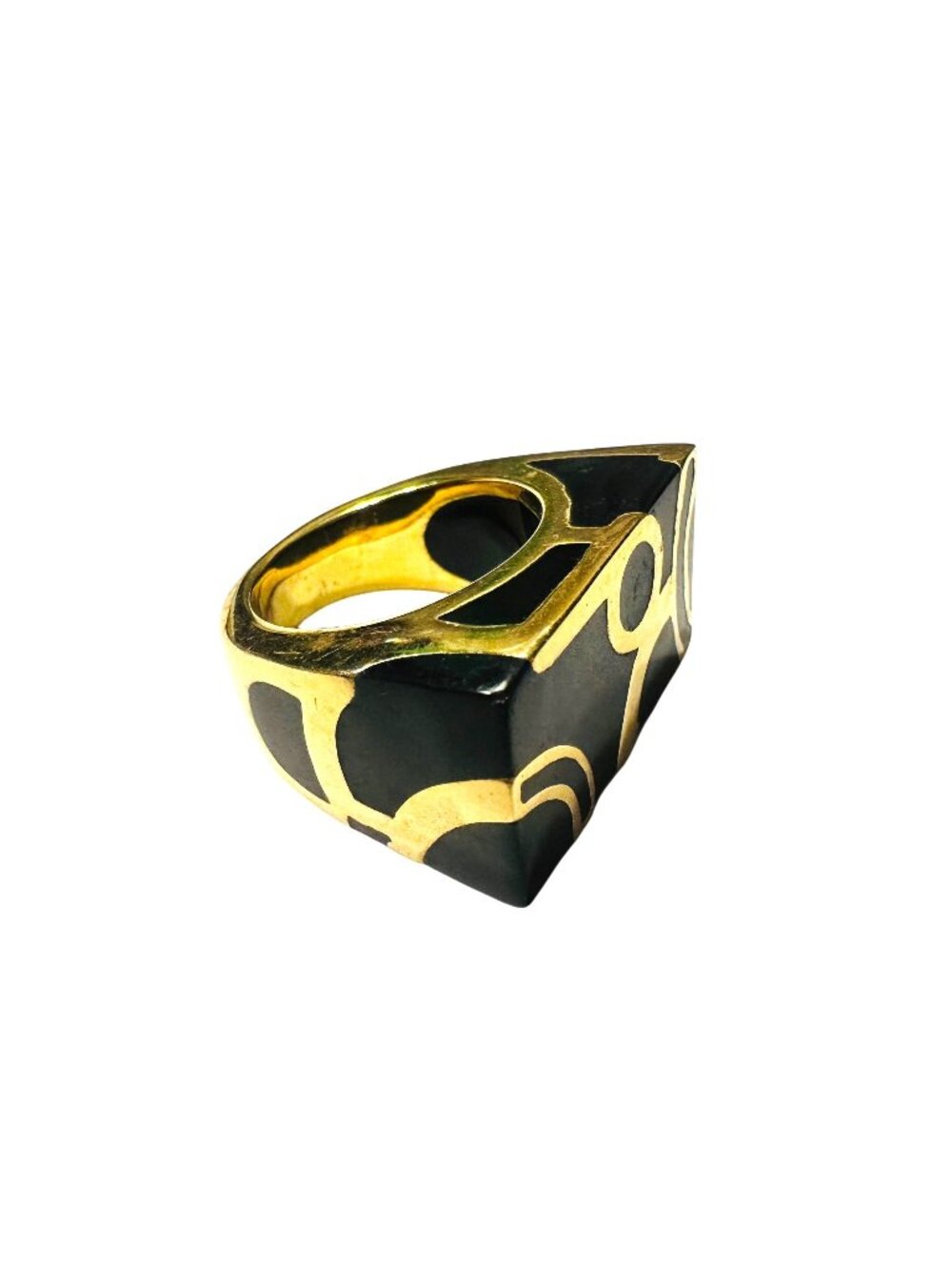 Gold Metal & Black Abstract Design Rectangular Ring Size 7.25